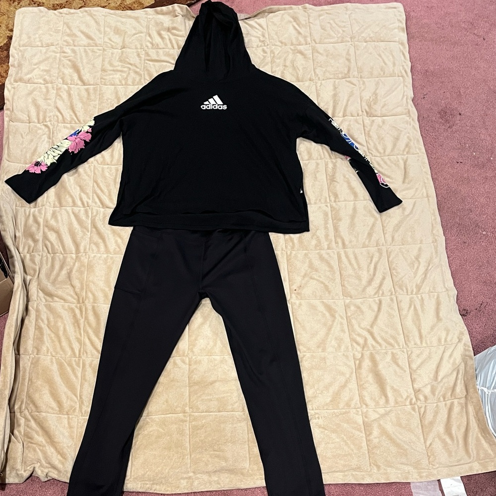 Adidas Black Hoodie and Pants with Floral Sleeves
